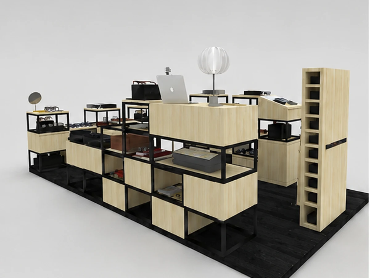 Wooden sunglasses racks in the mall | custom mall retail glasses stand main mall-facing view