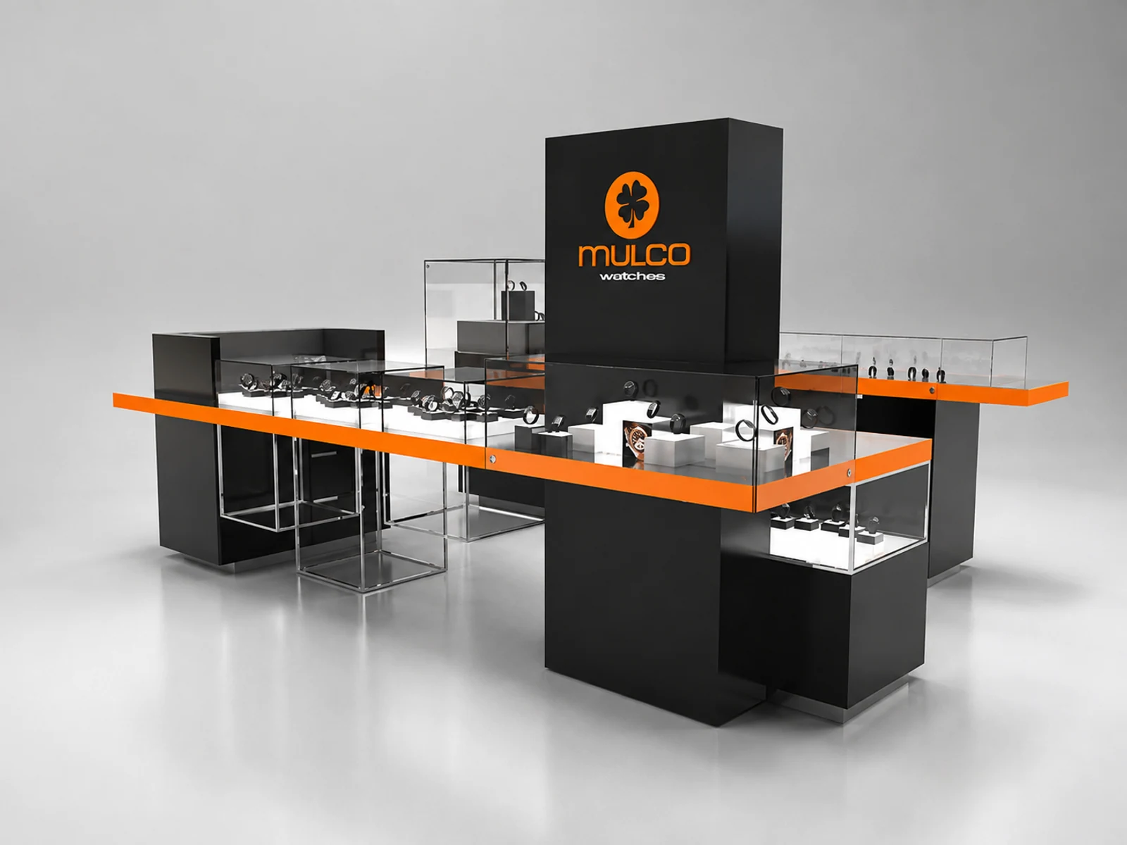 3.6m by 2.4m watches display kiosk sunglasses display booth with glass showcase for sale main shopping mall view