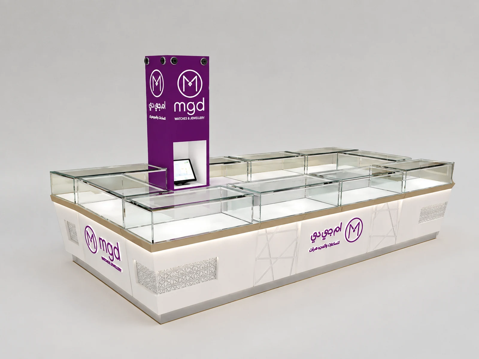 4m by 2m retail watch display showcase jewelry display kiosk design used in mall main shopping mall view