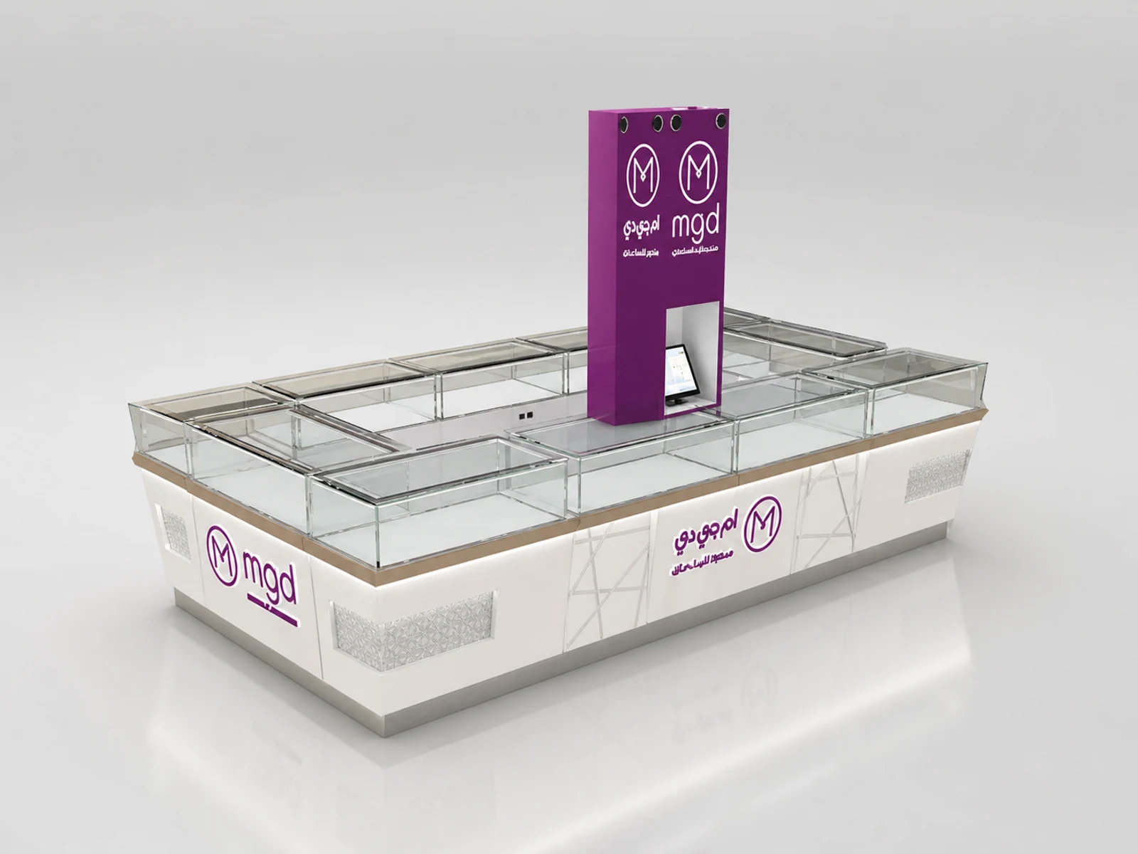 4m by 2m retail watch display showcase jewelry display kiosk design used in mall opposite angle and kiosk depth