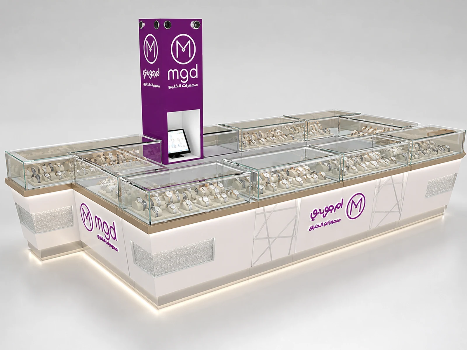 4m by 2m retail watch display showcase jewelry display kiosk design used in mall illuminated glass watch showcase detail