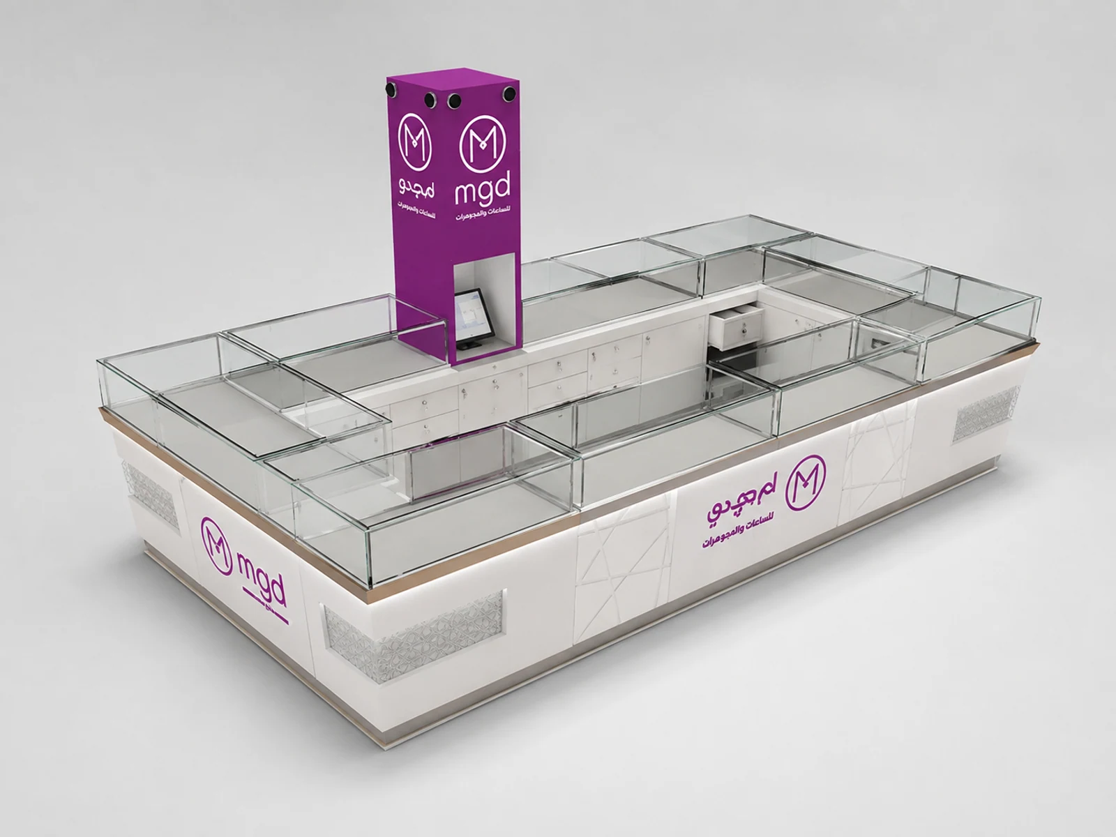 4m by 2m retail watch display showcase jewelry display kiosk design used in mall staff-side storage and checkout view