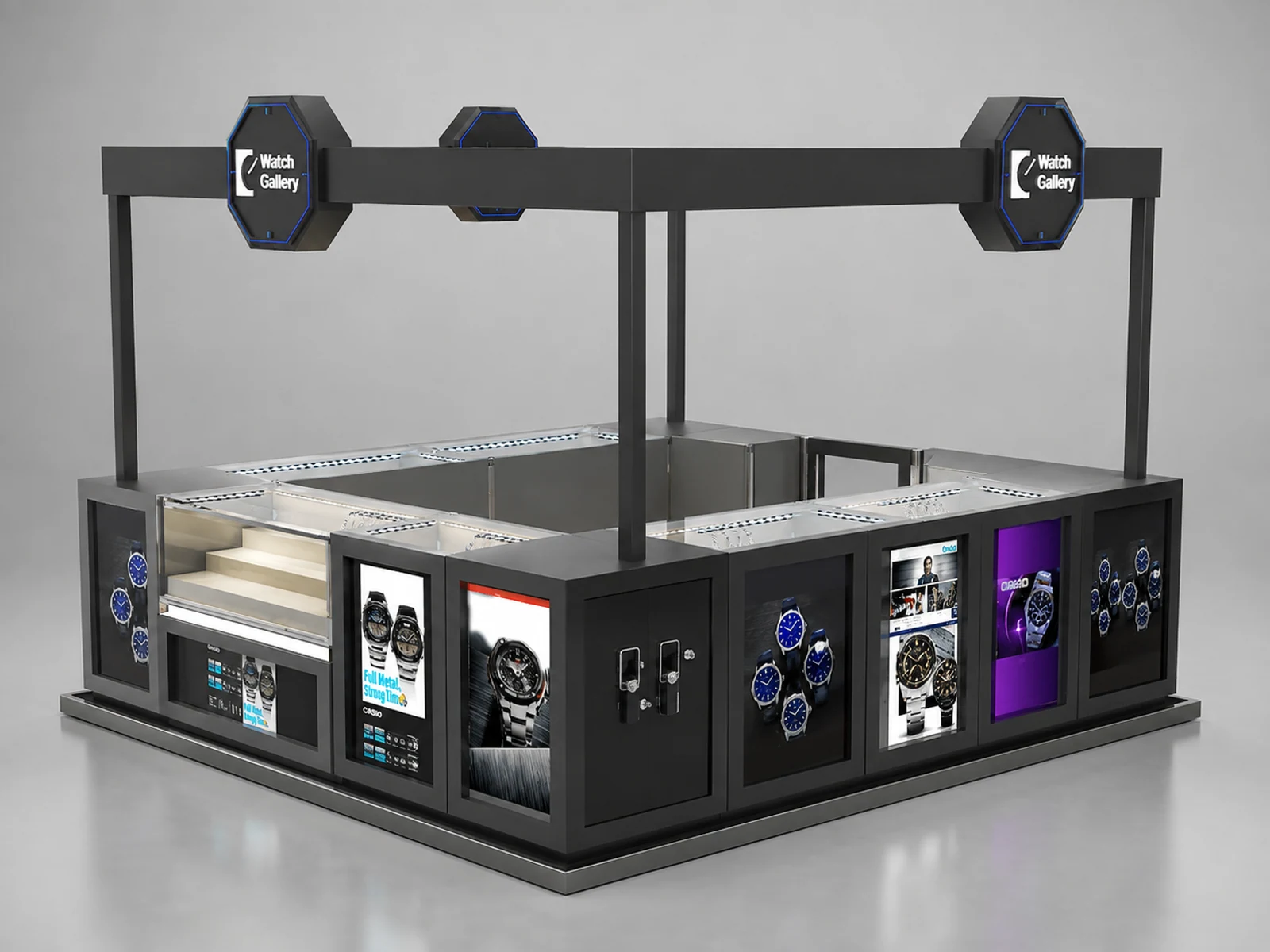 4m by 3m watch display booth jewelry display showcase with watch display cabinet used in mall opposite angle and kiosk depth