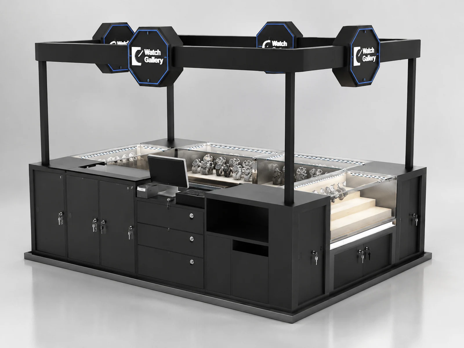 4m by 3m watch display booth jewelry display showcase with watch display cabinet used in mall staff-side storage and checkout view