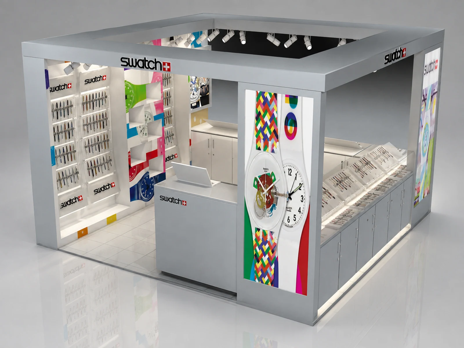 4m by 3m watch display booth watch display counter with cabinet for sale staff-side storage and checkout view