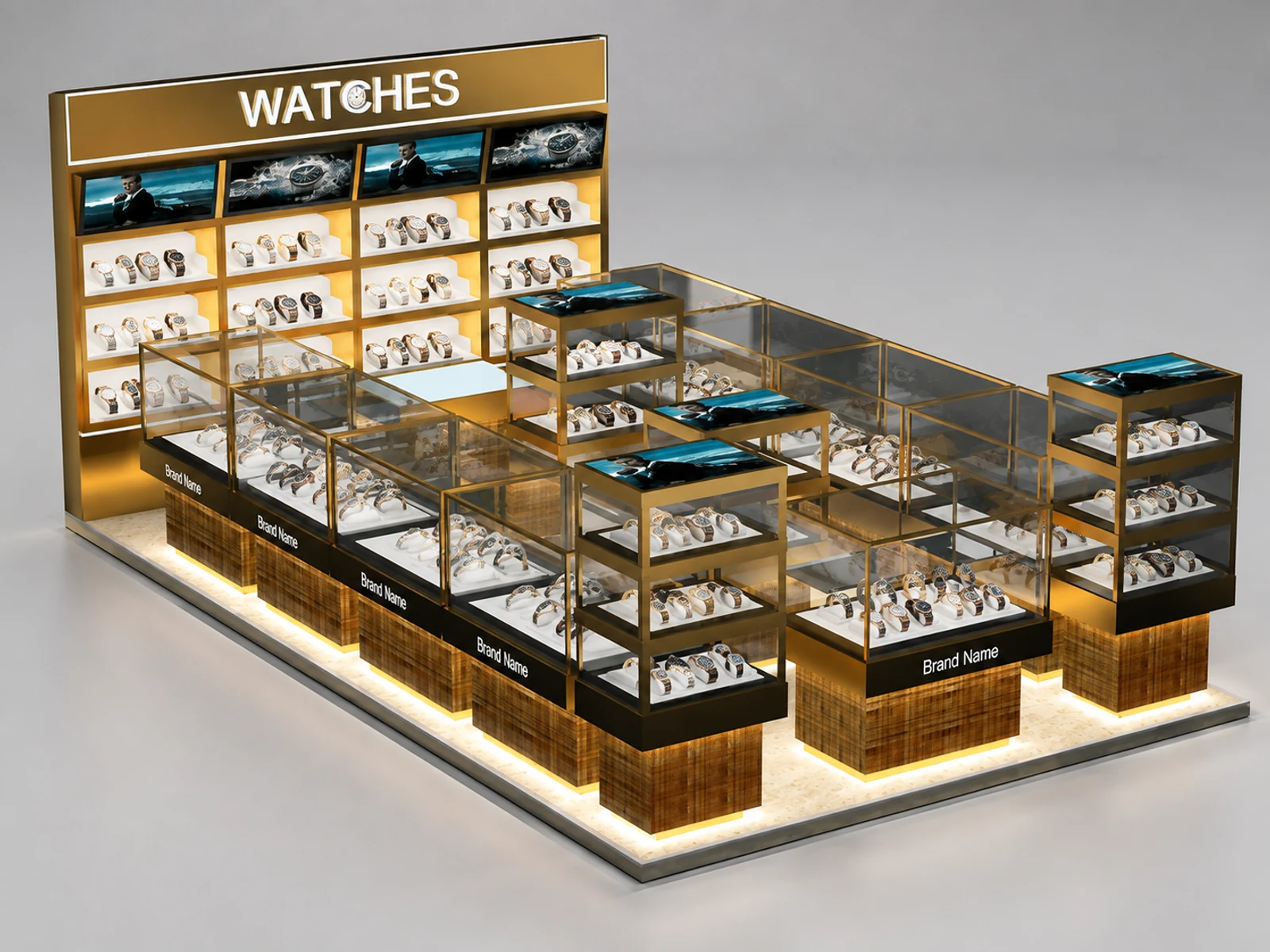 Attractive watch kiosk design | Stainless steel edging glass cabinet main shopping mall view