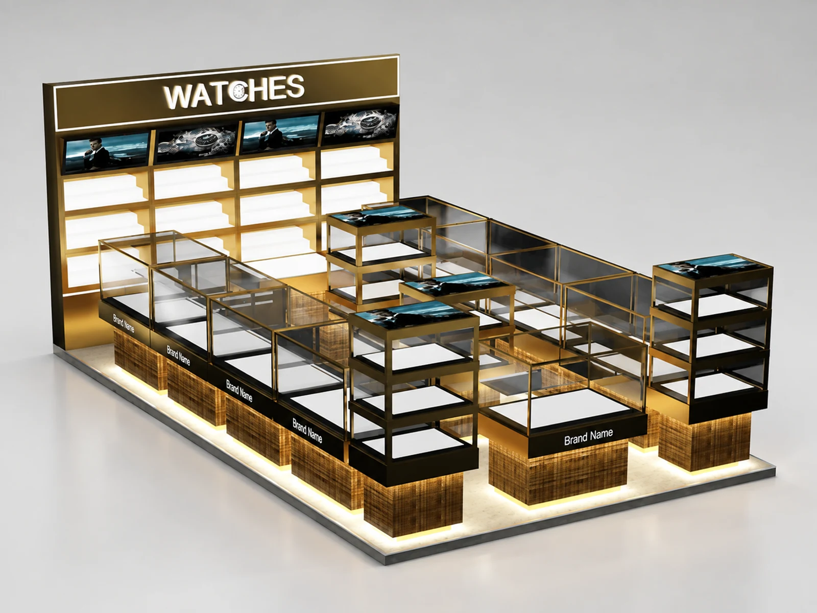 Attractive watch kiosk design | Stainless steel edging glass cabinet opposite angle and kiosk depth