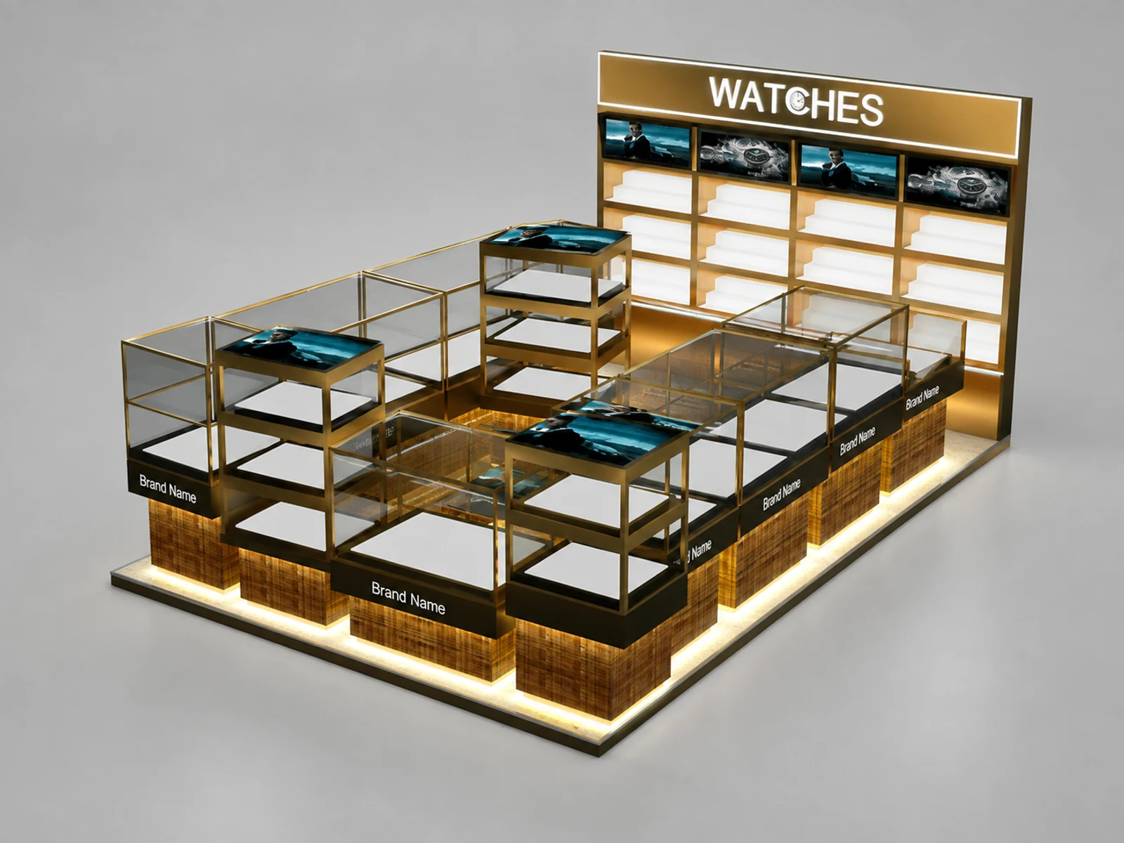 Attractive watch kiosk design | Stainless steel edging glass cabinet illuminated glass watch showcase detail