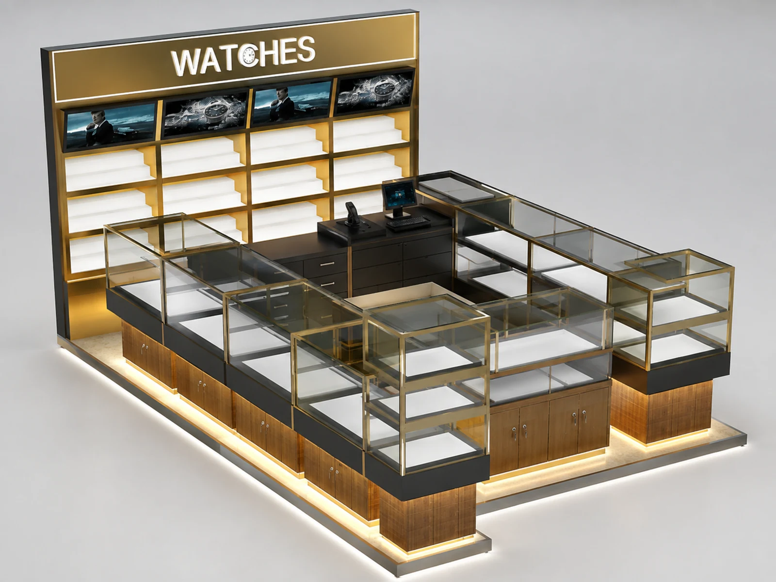 Attractive watch kiosk design | Stainless steel edging glass cabinet staff-side storage and checkout view