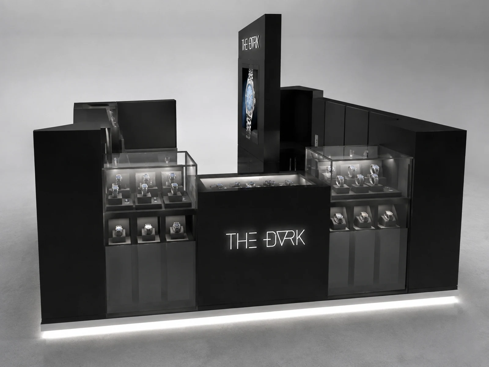Black high end watch jewelry kiosk boutique display kiosk luxury kiosk opposite angle and kiosk depth