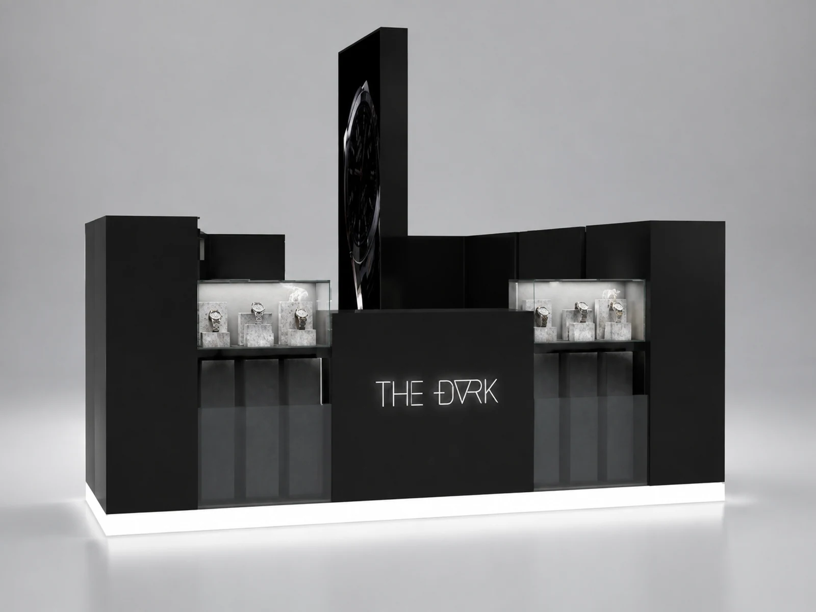 Black high end watch jewelry kiosk boutique display kiosk luxury kiosk illuminated glass watch showcase detail