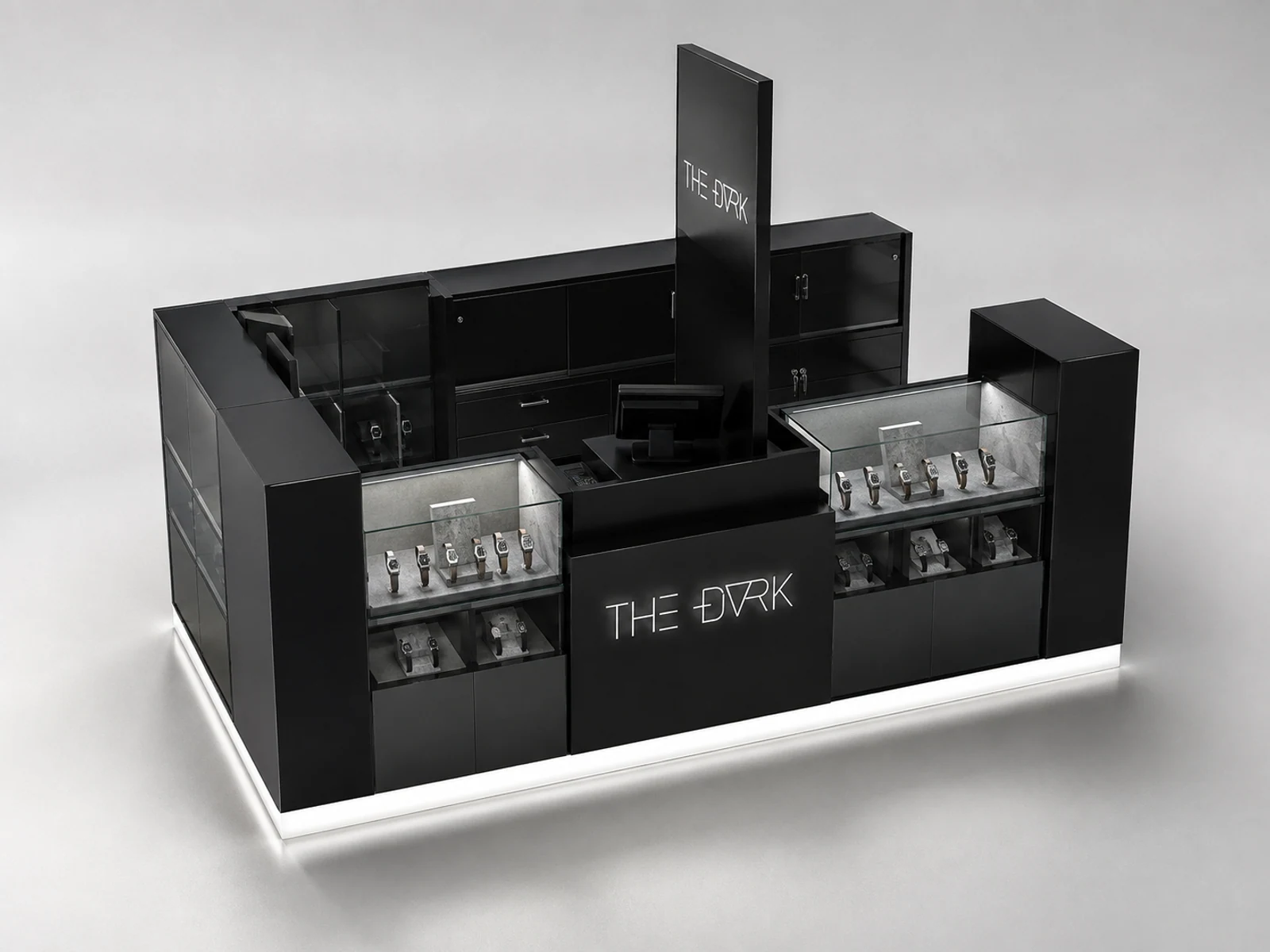 Black high end watch jewelry kiosk boutique display kiosk luxury kiosk staff-side storage and checkout view