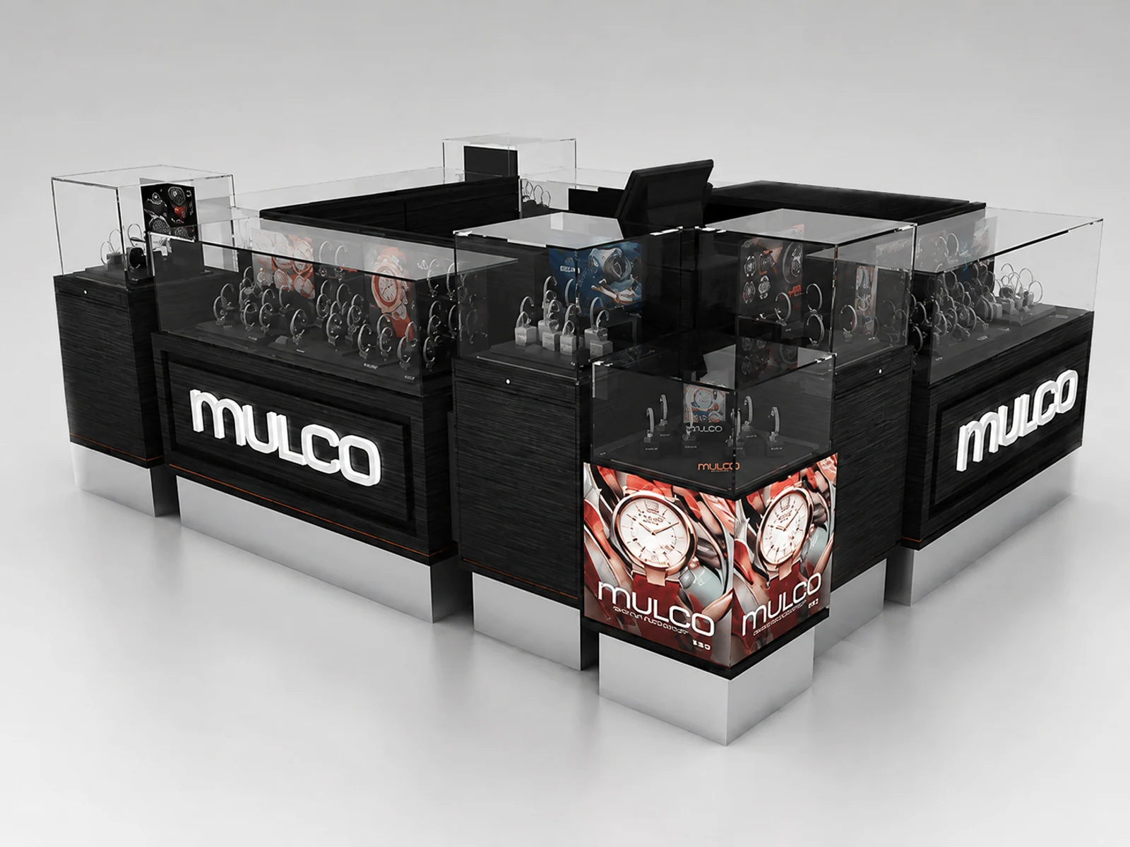 Black style watch display showcase | mall watch kiosk for sale main shopping mall view