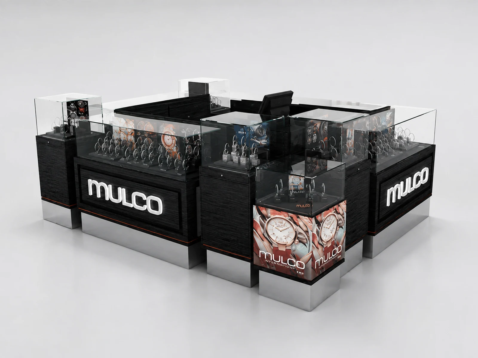 Black style watch display showcase | mall watch kiosk for sale opposite angle and kiosk depth