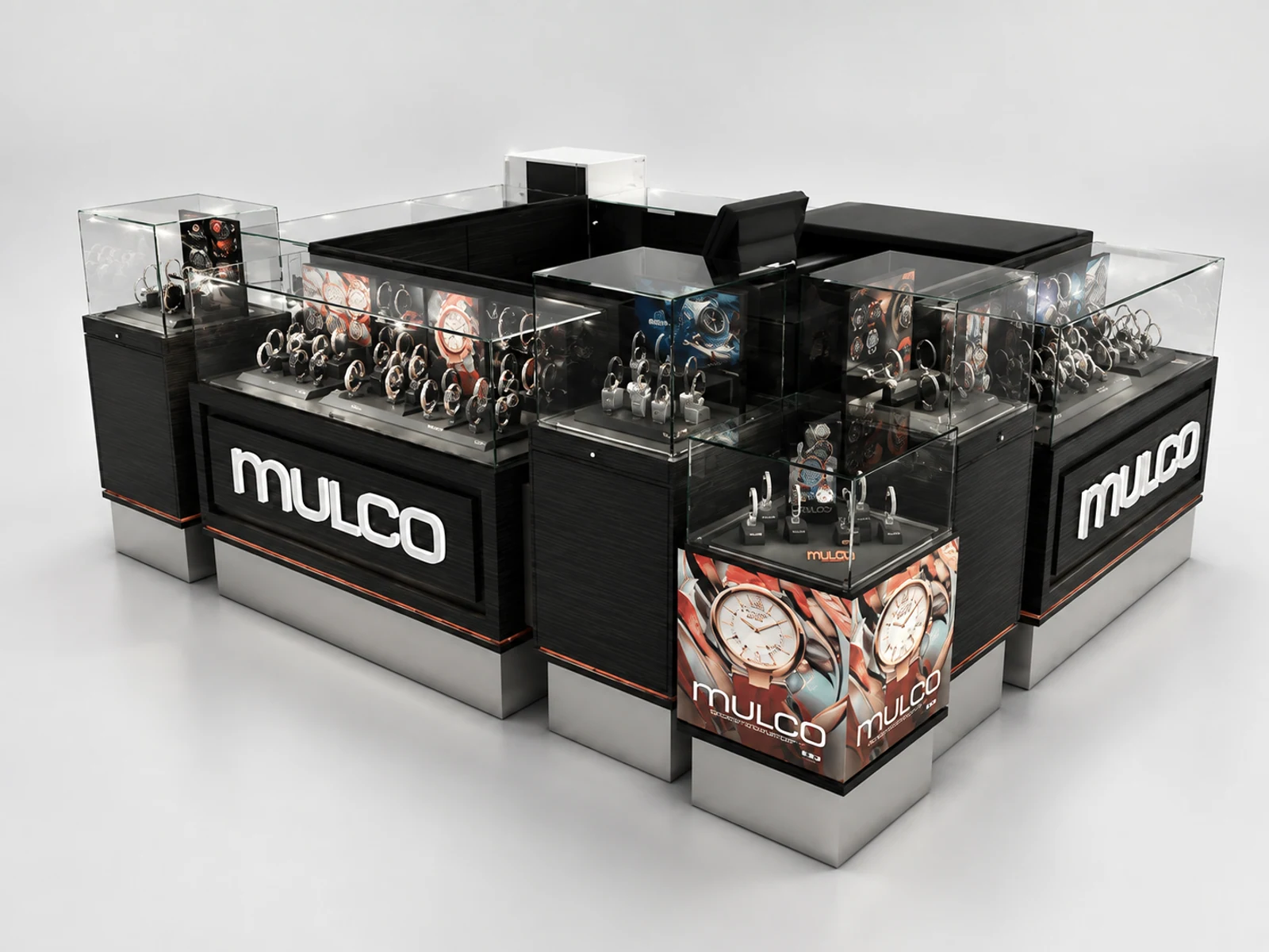 Black style watch display showcase | mall watch kiosk for sale illuminated glass watch showcase detail