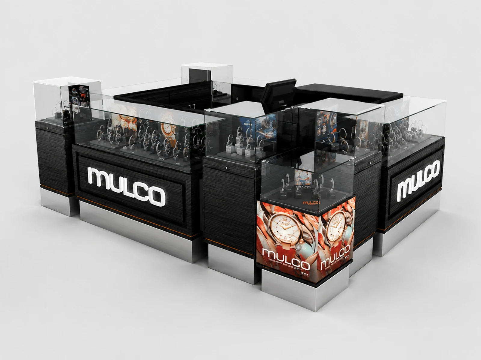 Black style watch display showcase | mall watch kiosk for sale staff-side storage and checkout view