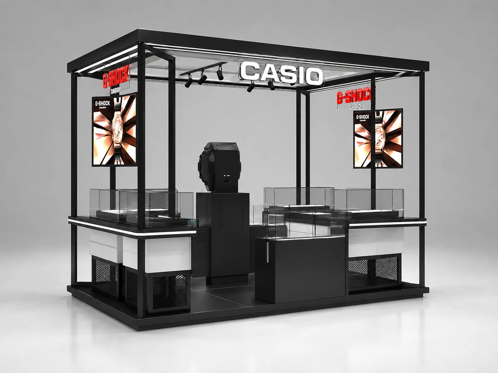 Black Watch Booth Retail Mall Watch Display Counter Inside Watch Kiosk opposite angle and kiosk depth