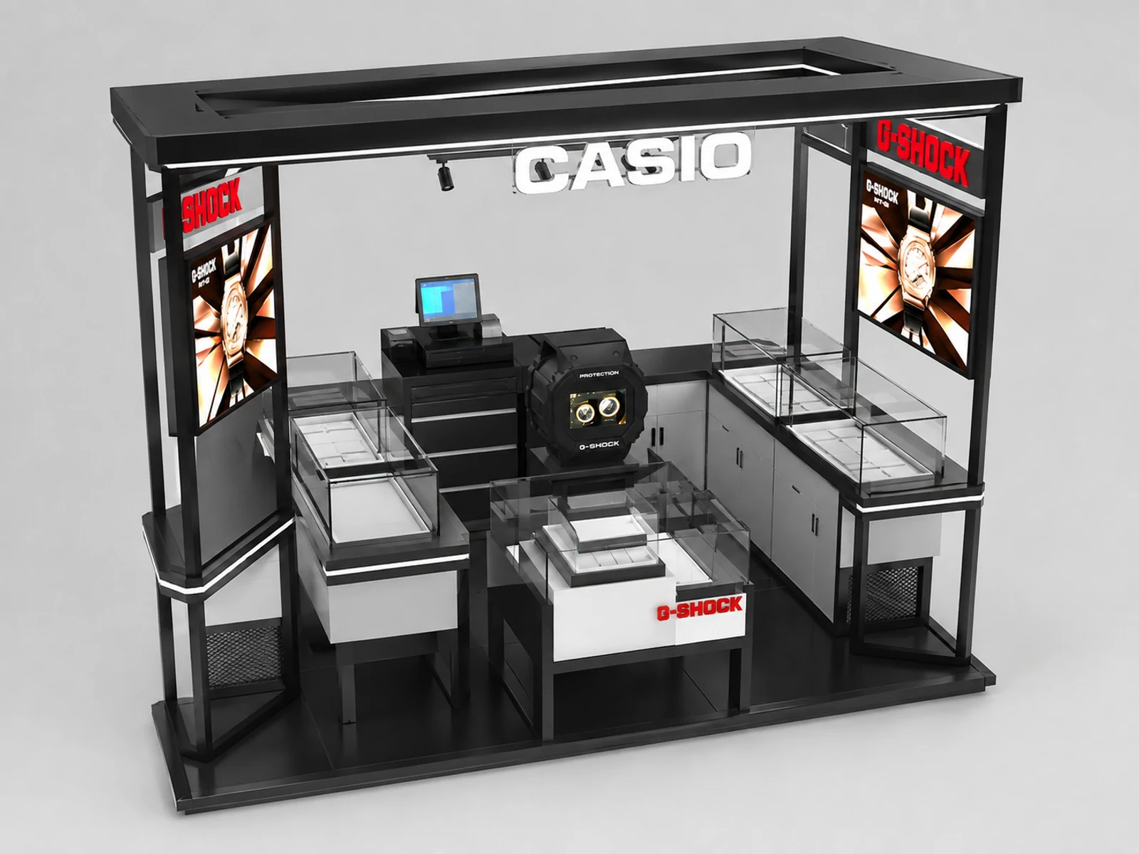 Black Watch Booth Retail Mall Watch Display Counter Inside Watch Kiosk staff-side storage and checkout view
