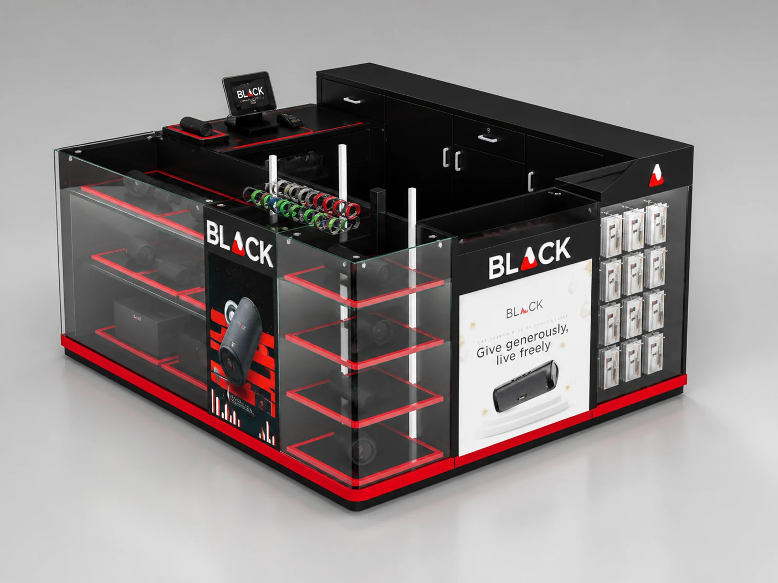 Custom High Quality Eye-catching Watch Kiosk on Mall for Sale staff-side storage and checkout view