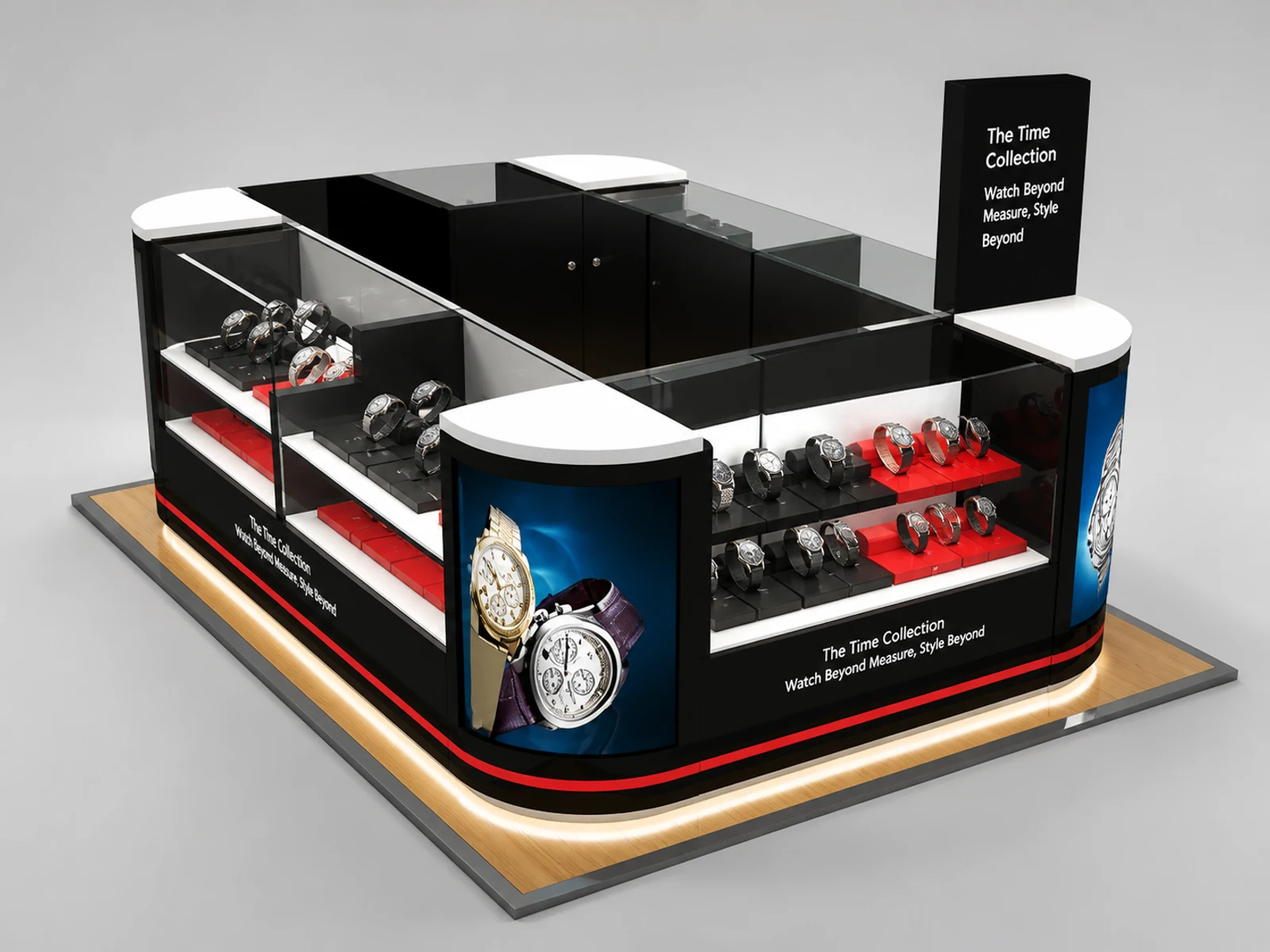 Custom mall watches display kiosk | modern design watch booth opposite angle and kiosk depth