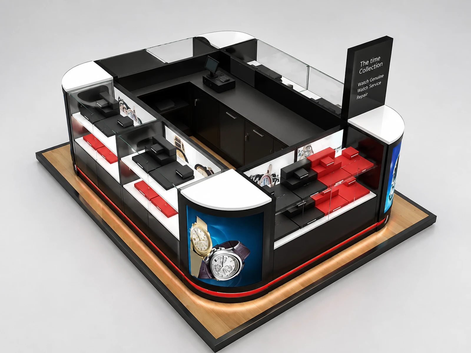 Custom mall watches display kiosk | modern design watch booth illuminated glass watch showcase detail