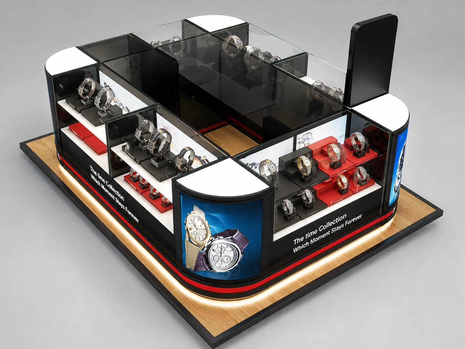 Custom mall watches display kiosk | modern design watch booth staff-side storage and checkout view