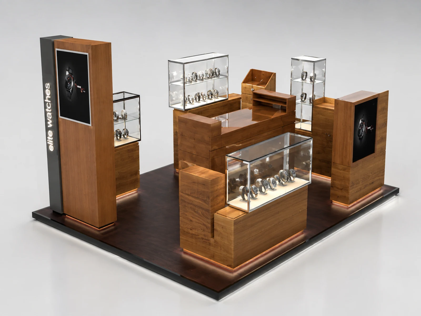 Custom Shopping Mall Wooden Watches Showcase Kiosk main shopping mall view