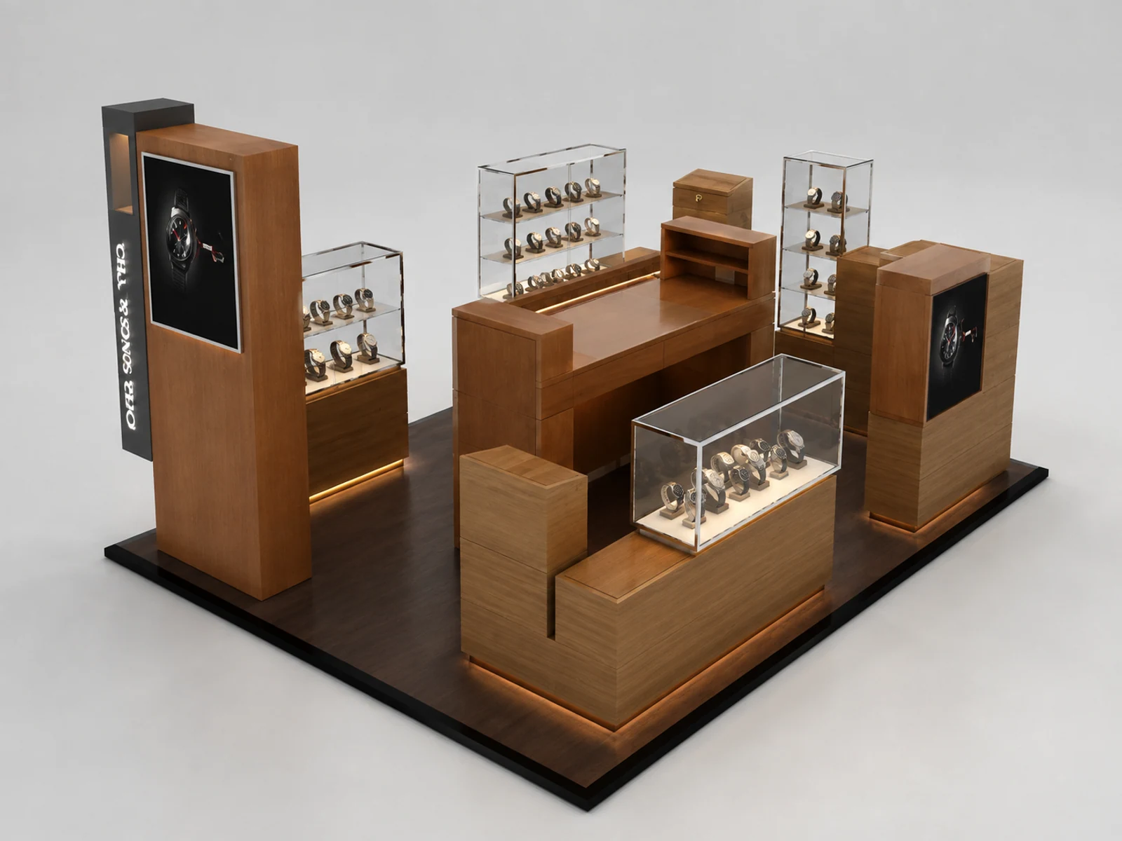 Custom Shopping Mall Wooden Watches Showcase Kiosk opposite angle and kiosk depth