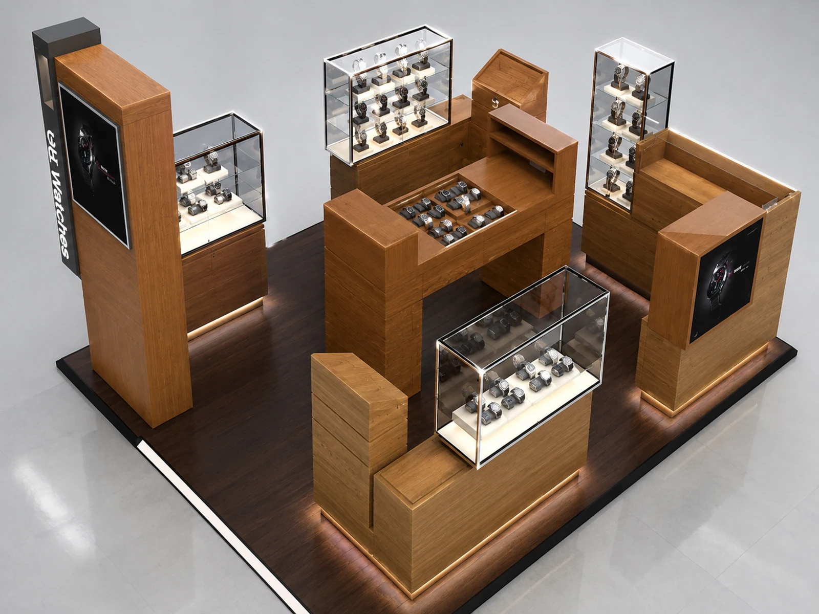 Custom Shopping Mall Wooden Watches Showcase Kiosk illuminated glass watch showcase detail