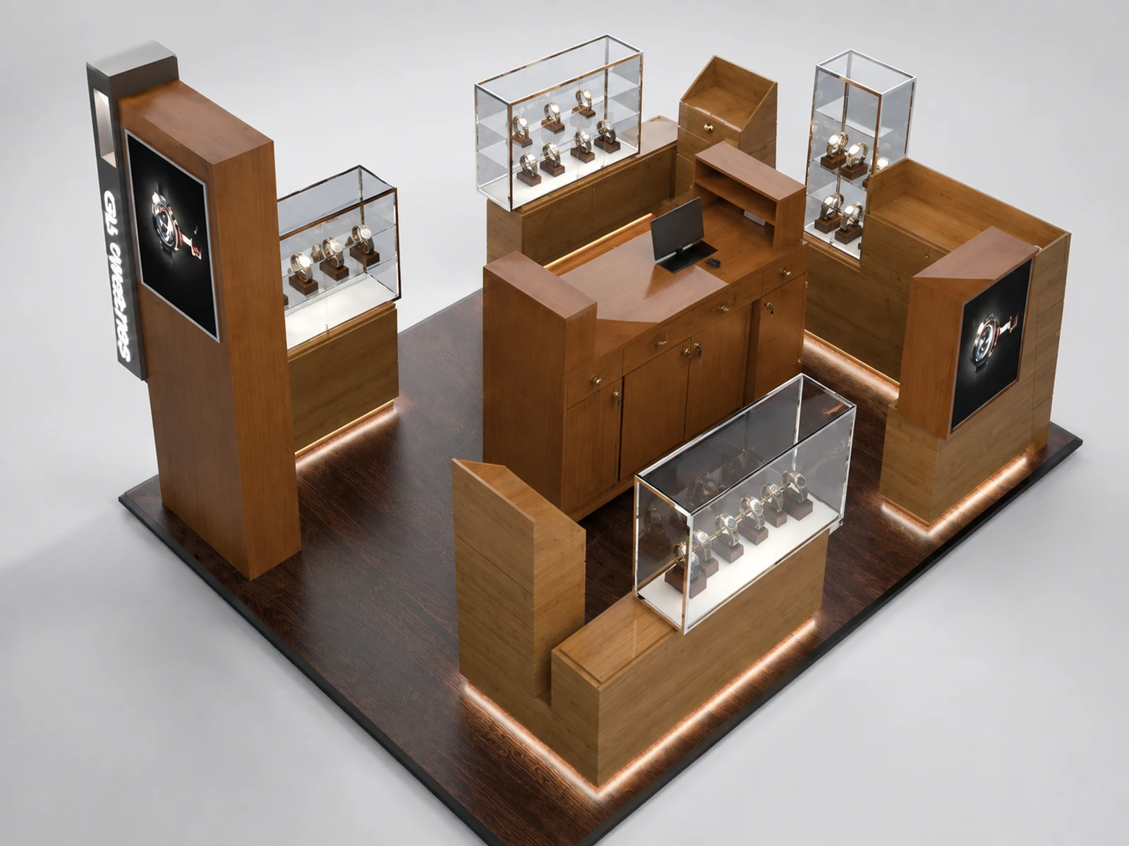 Custom Shopping Mall Wooden Watches Showcase Kiosk staff-side storage and checkout view