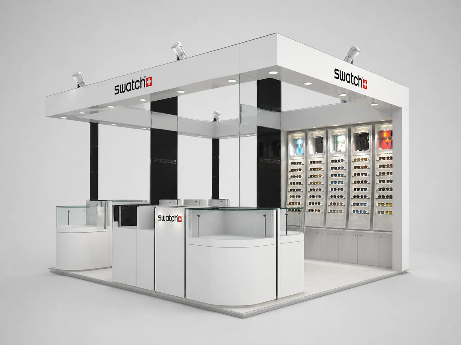 Customized Sunglasses Kiosk for Eyewear Display Showcase in Retail Store main shopping mall view