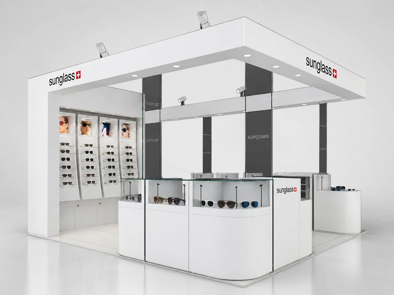 Customized Sunglasses Kiosk for Eyewear Display Showcase in Retail Store opposite angle and kiosk depth