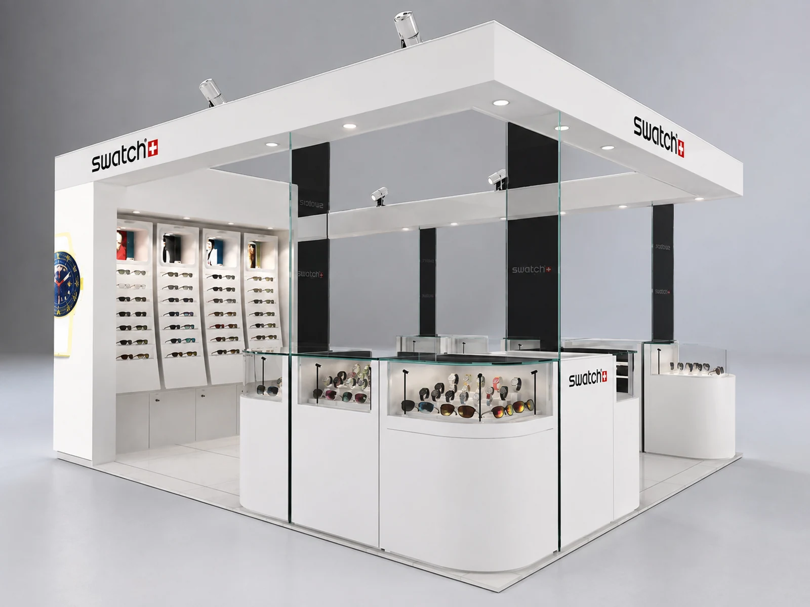 Customized Sunglasses Kiosk for Eyewear Display Showcase in Retail Store illuminated glass watch showcase detail