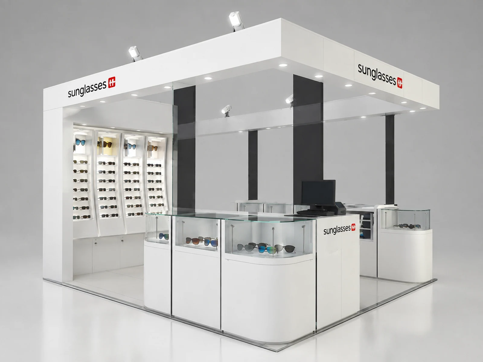 Customized Sunglasses Kiosk for Eyewear Display Showcase in Retail Store staff-side storage and checkout view