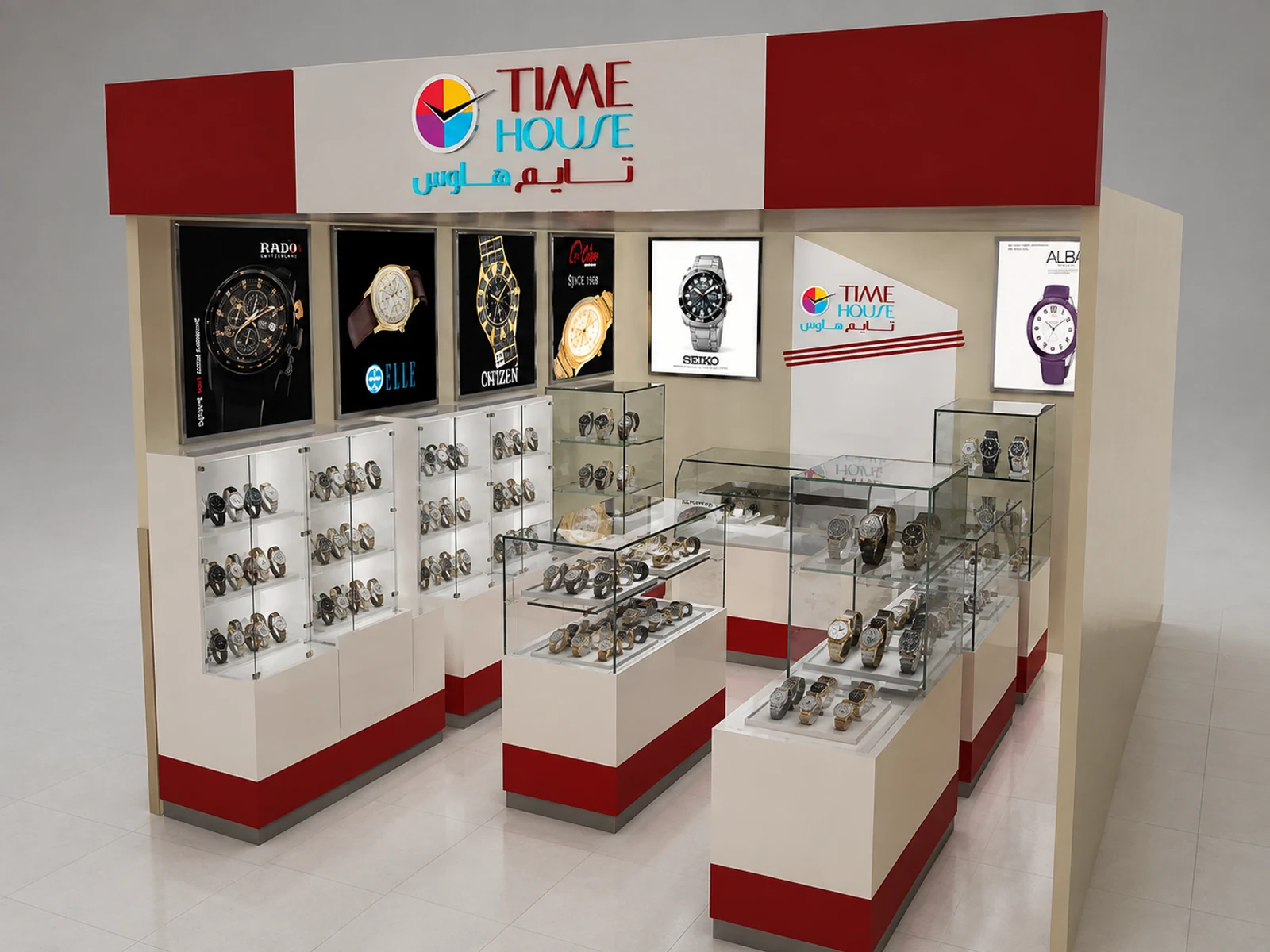 6*3m Customized Watch Shop In Mall W/ Glass Showcase & Display Counter opposite angle and kiosk depth