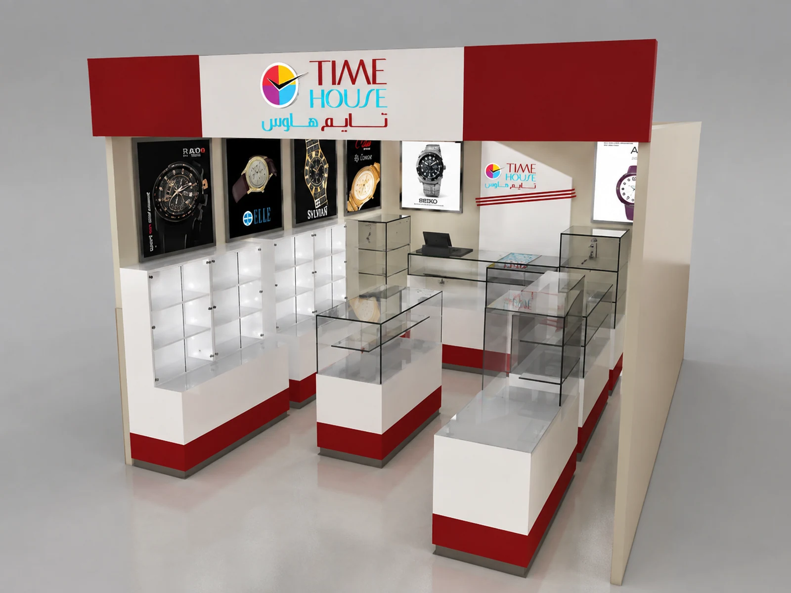 6*3m Customized Watch Shop In Mall W/ Glass Showcase & Display Counter staff-side storage and checkout view