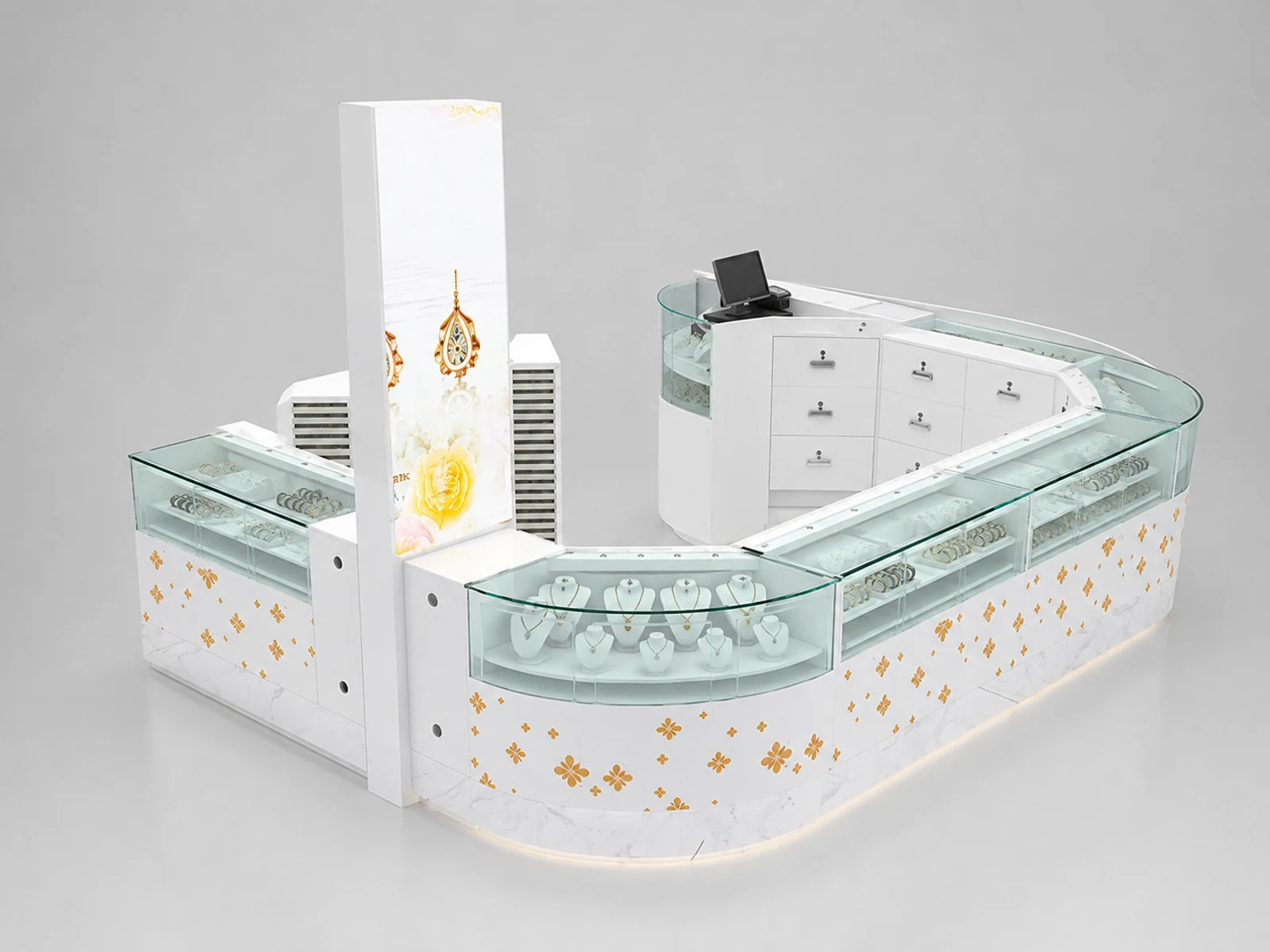 Elegant watch display booth jewelry display cabinet design share with you opposite angle and kiosk depth