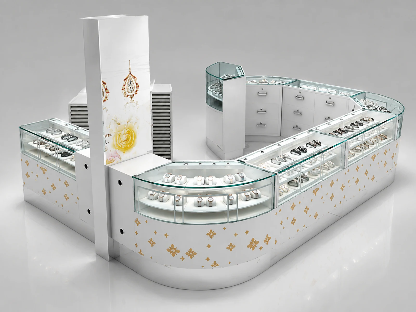 Elegant watch display booth jewelry display cabinet design share with you illuminated glass watch showcase detail