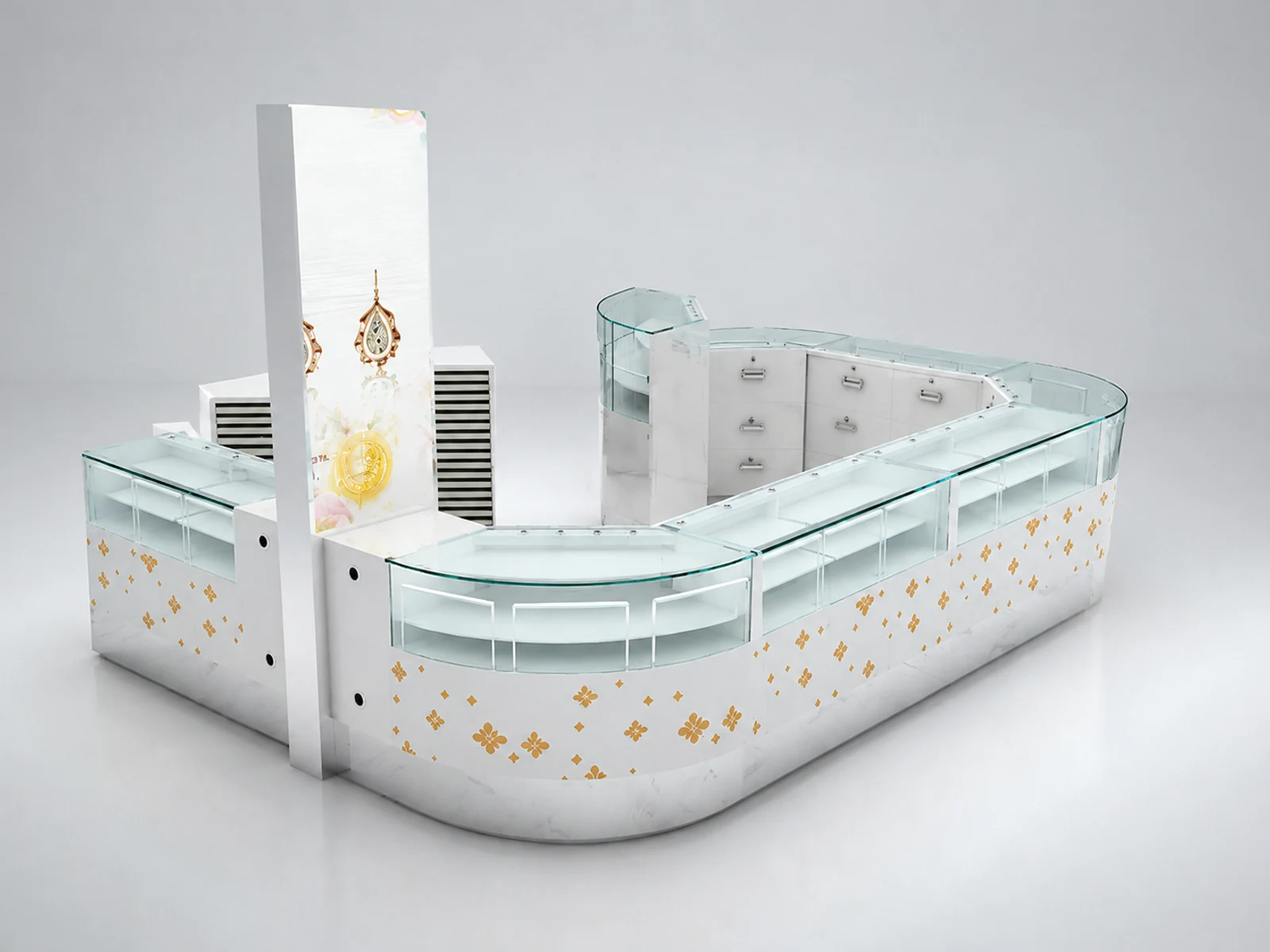 Elegant watch display booth jewelry display cabinet design share with you staff-side storage and checkout view
