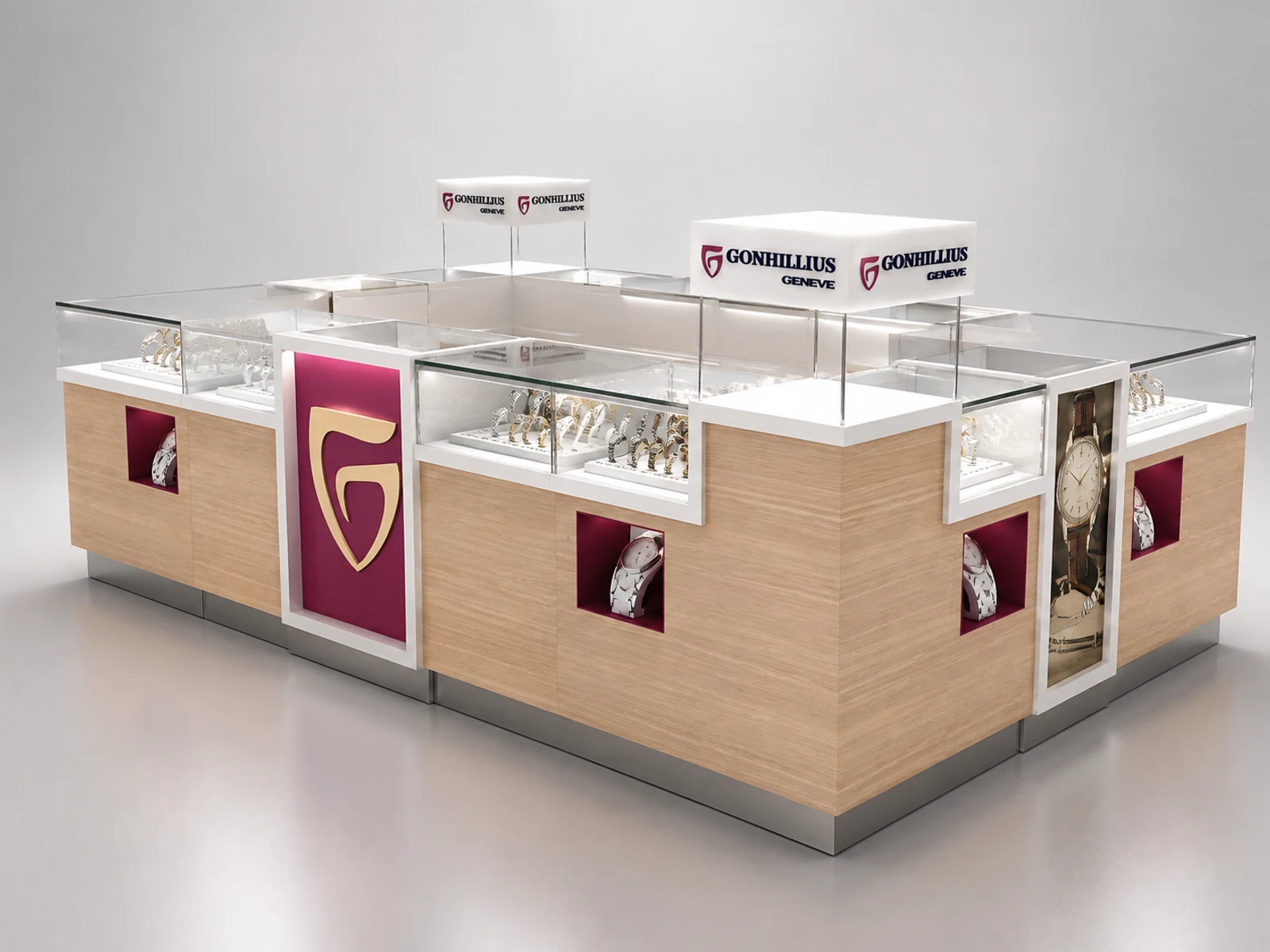 Small Size Pop-up Watch Retail Booth In Mall W/ LED Lighted Showcase and Wooden Counters For Sale main shopping mall view