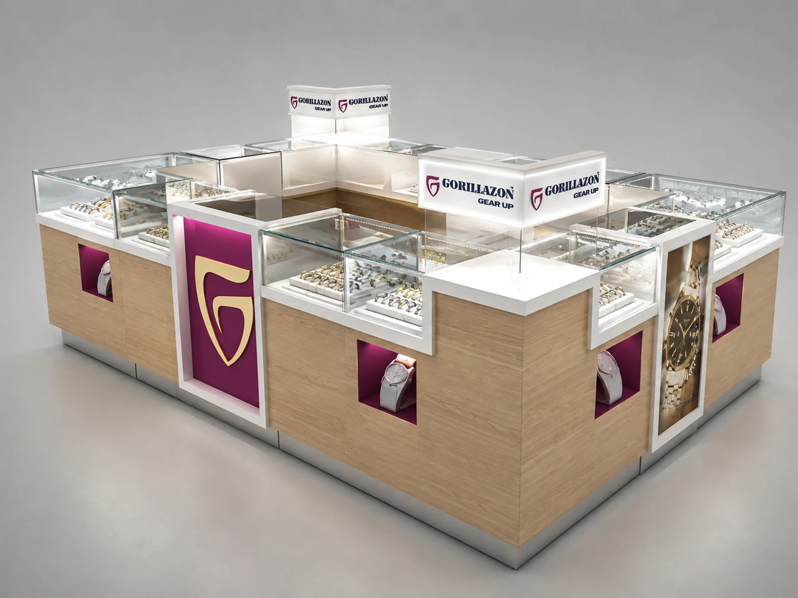 Small Size Pop-up Watch Retail Booth In Mall W/ LED Lighted Showcase and Wooden Counters For Sale opposite angle and kiosk depth