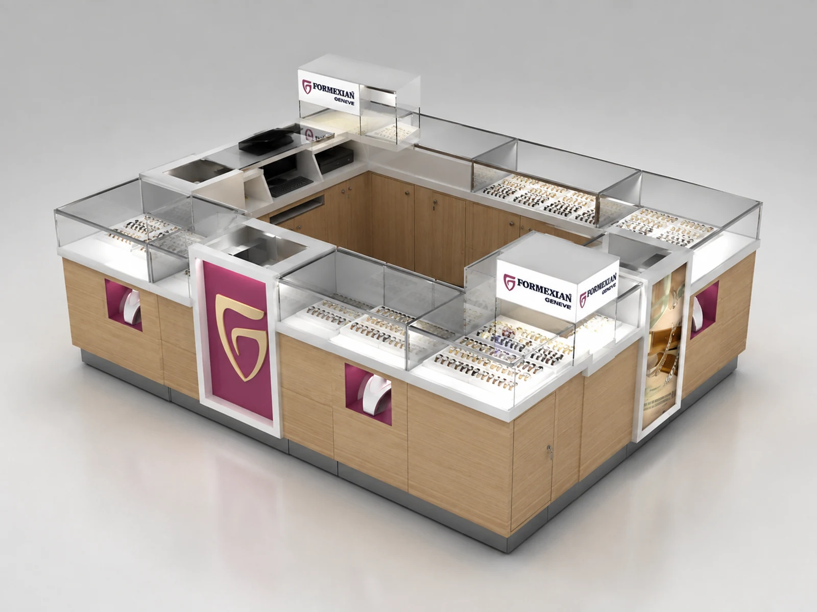 Small Size Pop-up Watch Retail Booth In Mall W/ LED Lighted Showcase and Wooden Counters For Sale staff-side storage and checkout view