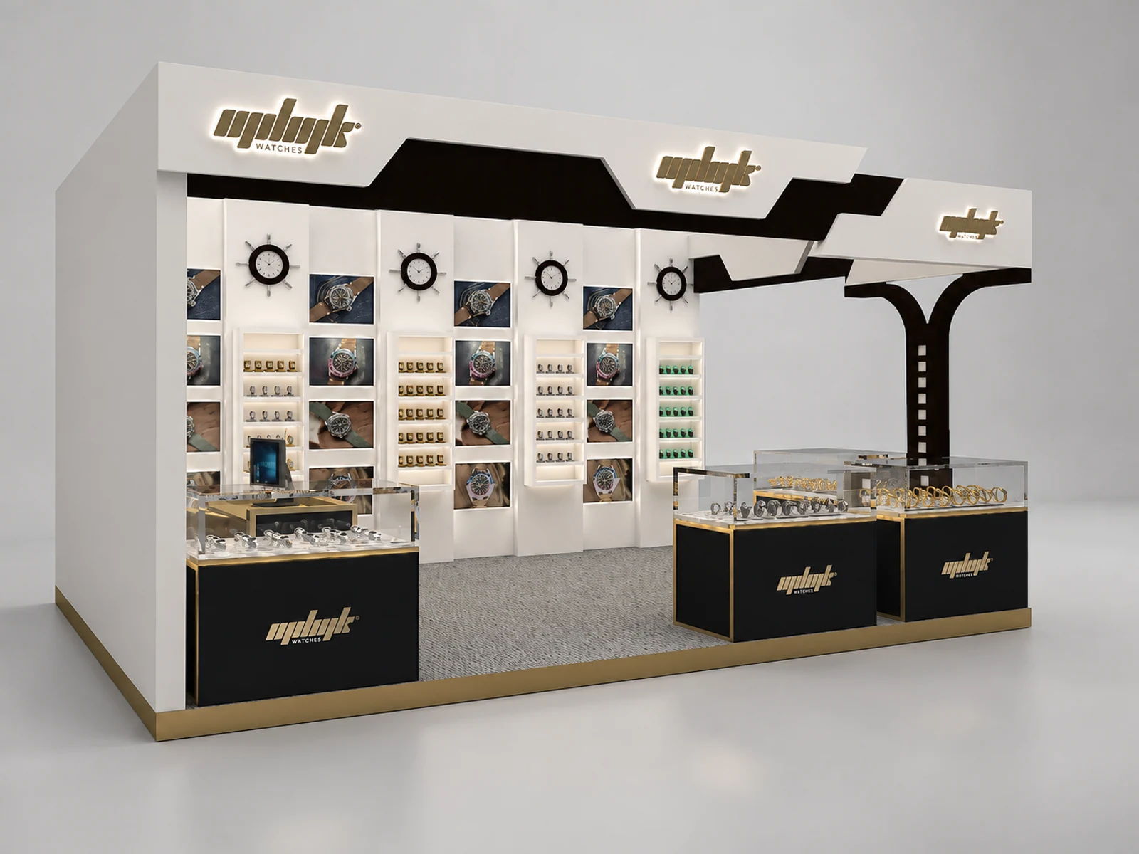 Exhibition Watch Display Furniture Custom Watch Kiosk opposite angle and kiosk depth