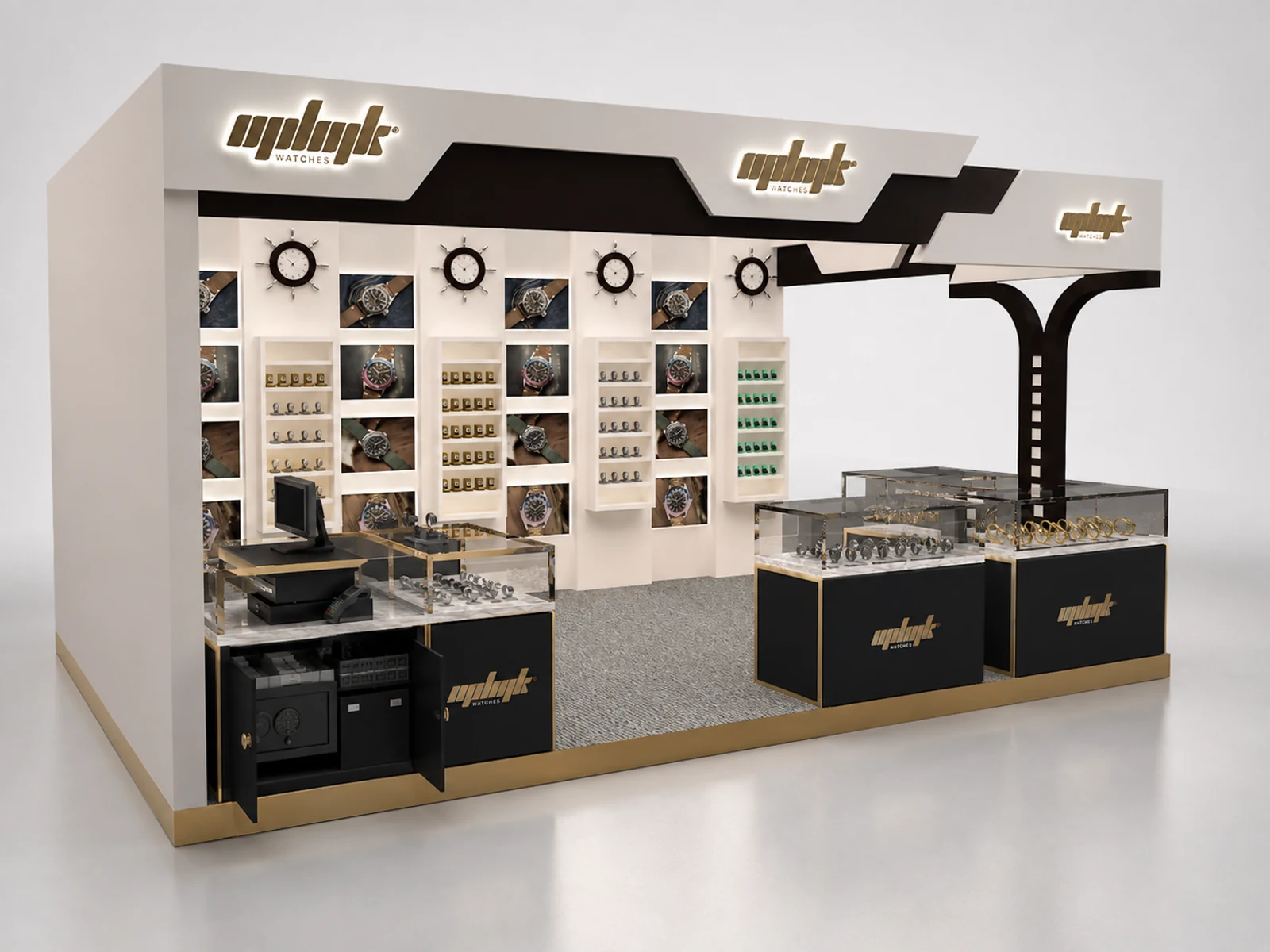 Exhibition Watch Display Furniture Custom Watch Kiosk staff-side storage and checkout view