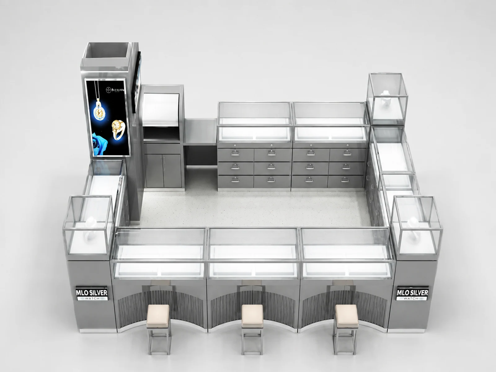 Factory price 4m by 3m watch display booth jewelry display showcase used in shopping mall main shopping mall view