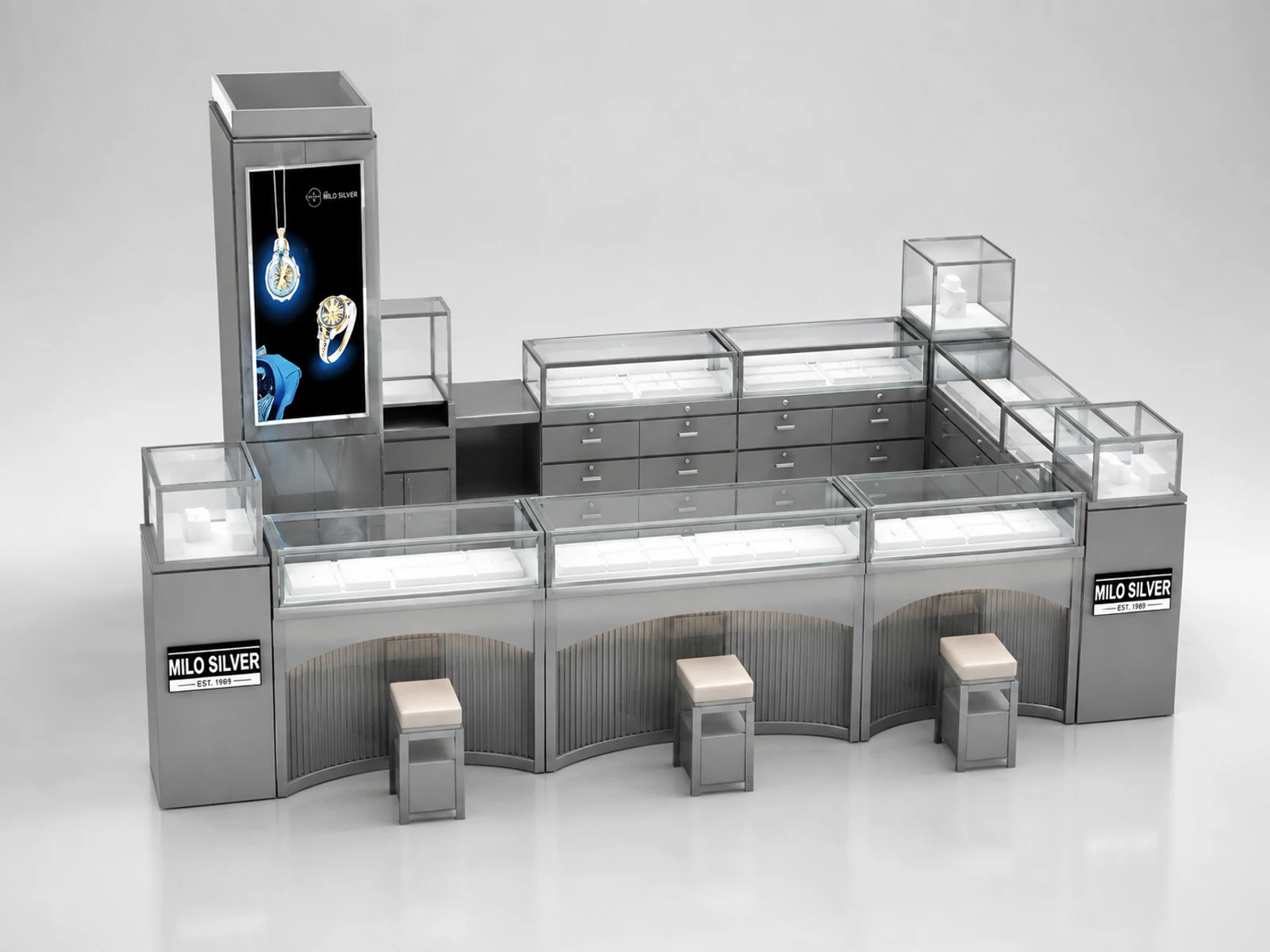 Factory price 4m by 3m watch display booth jewelry display showcase used in shopping mall opposite angle and kiosk depth