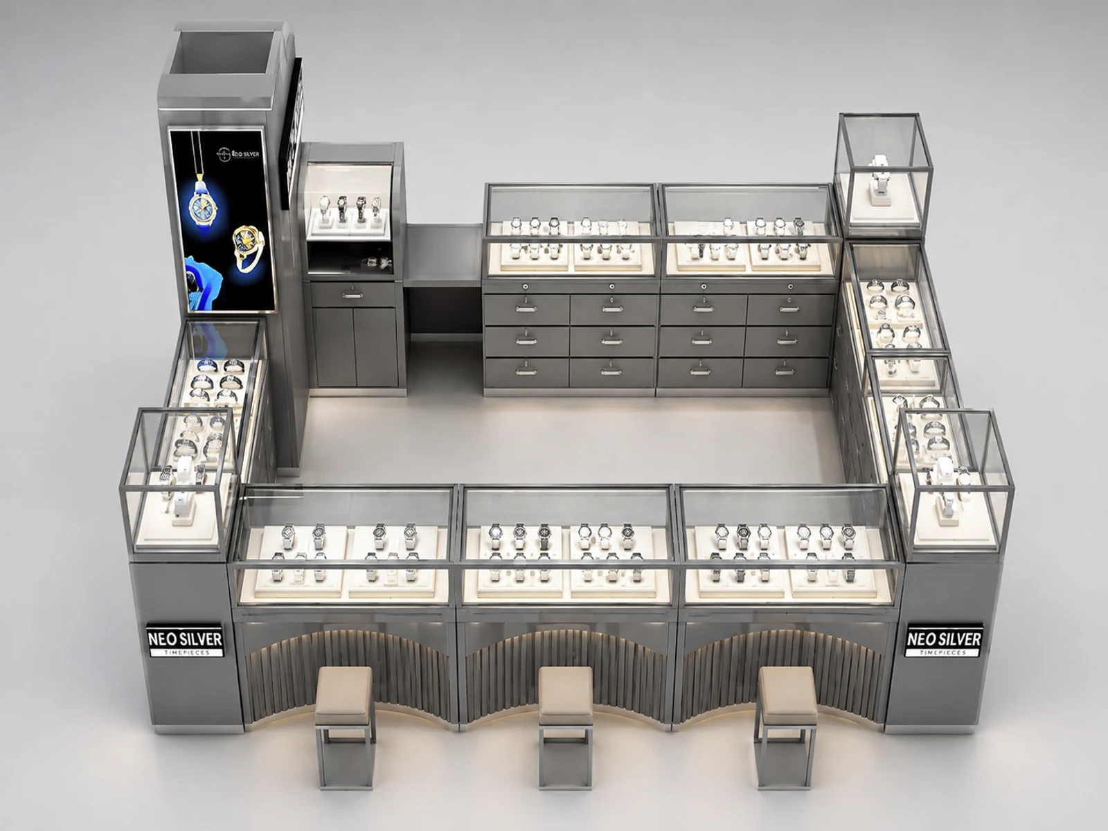 Factory price 4m by 3m watch display booth jewelry display showcase used in shopping mall illuminated glass watch showcase detail