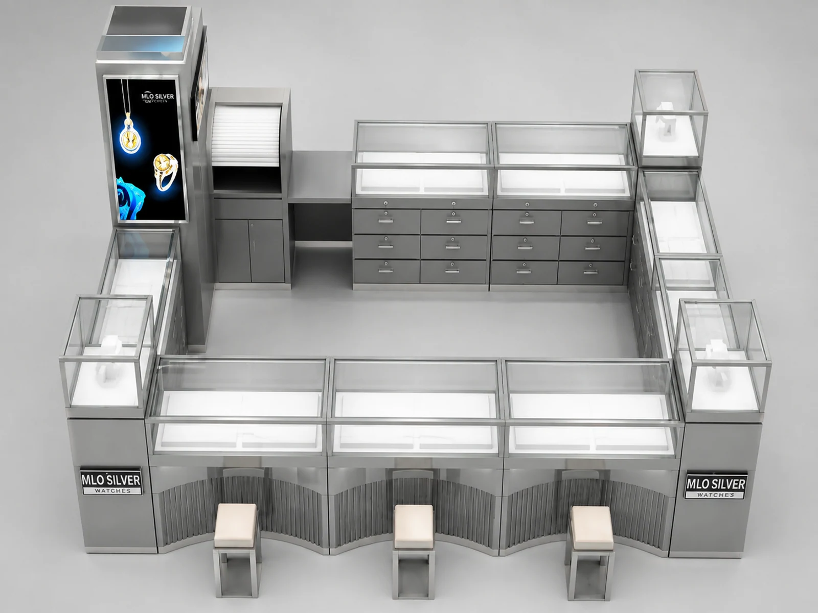 Factory price 4m by 3m watch display booth jewelry display showcase used in shopping mall staff-side storage and checkout view