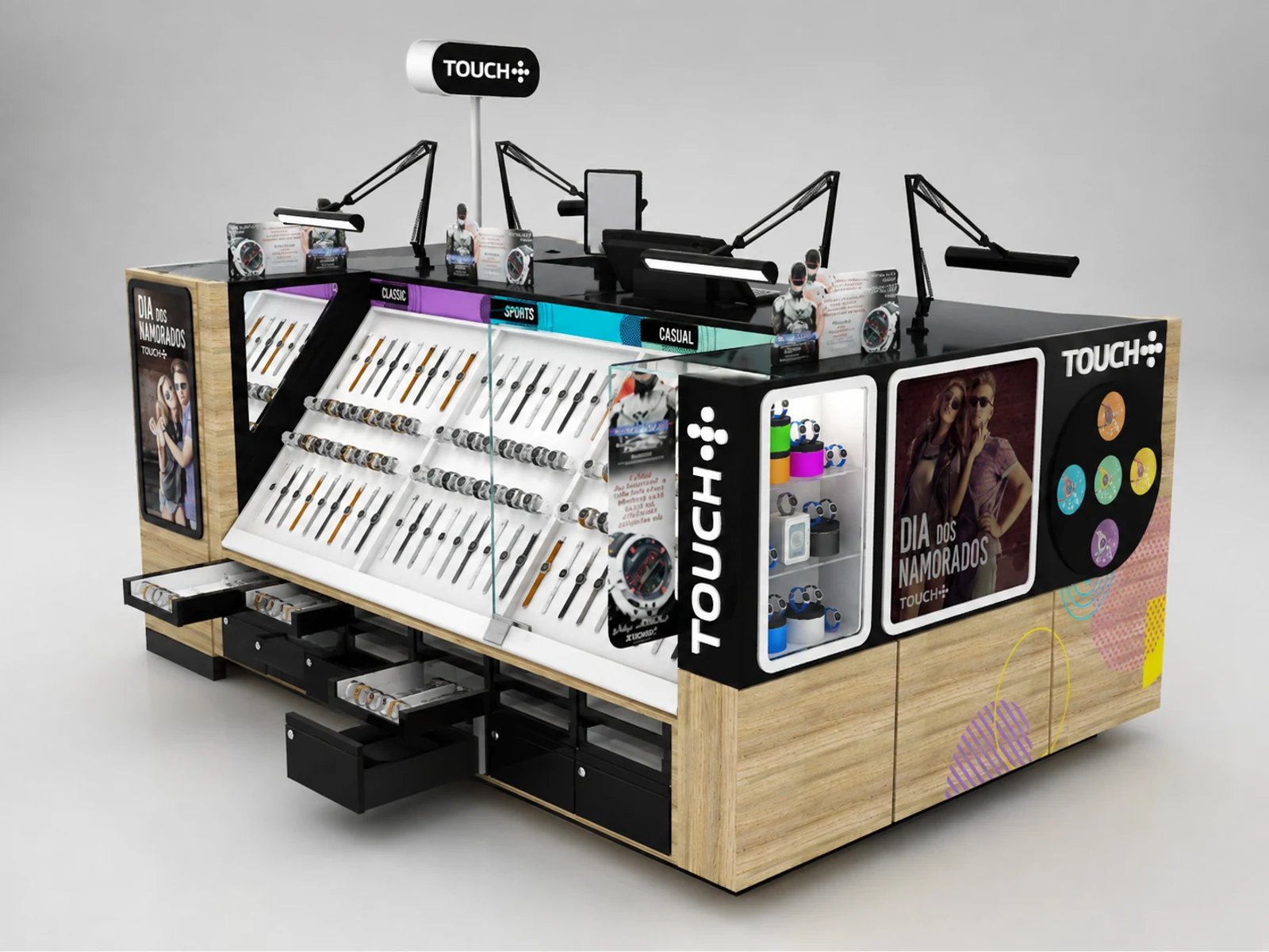 Fashion Intelligent Watches Display Kiosk Customized Watches Stand illuminated glass watch showcase detail