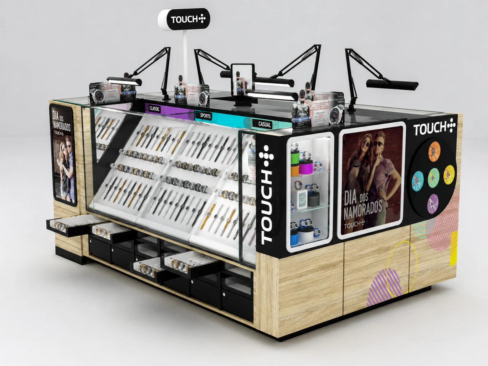 Fashion Intelligent Watches Display Kiosk Customized Watches Stand staff-side storage and checkout view